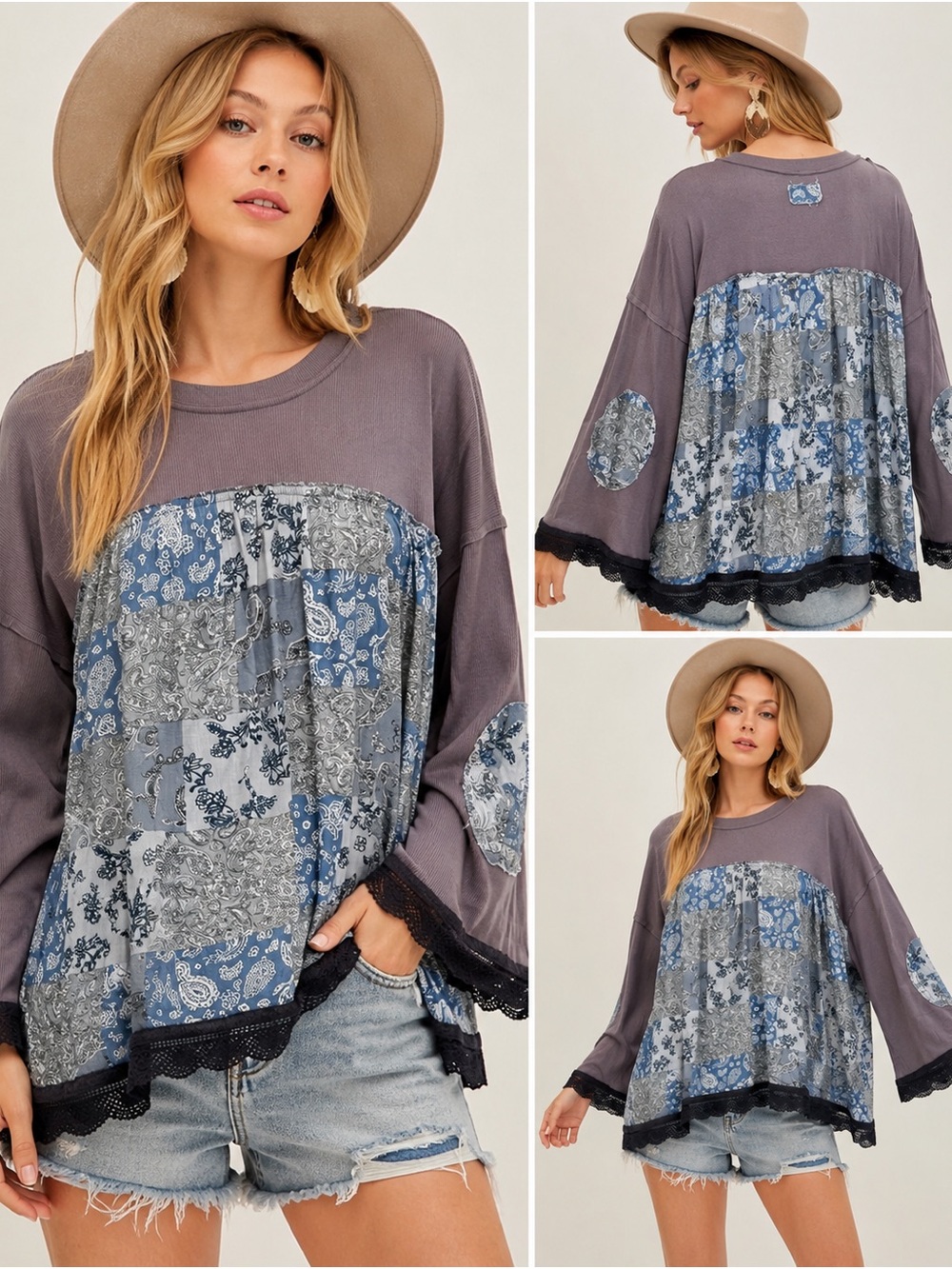 POL Mixed Media Paisley Patchwork Lace Trim Oversized Boho Top S